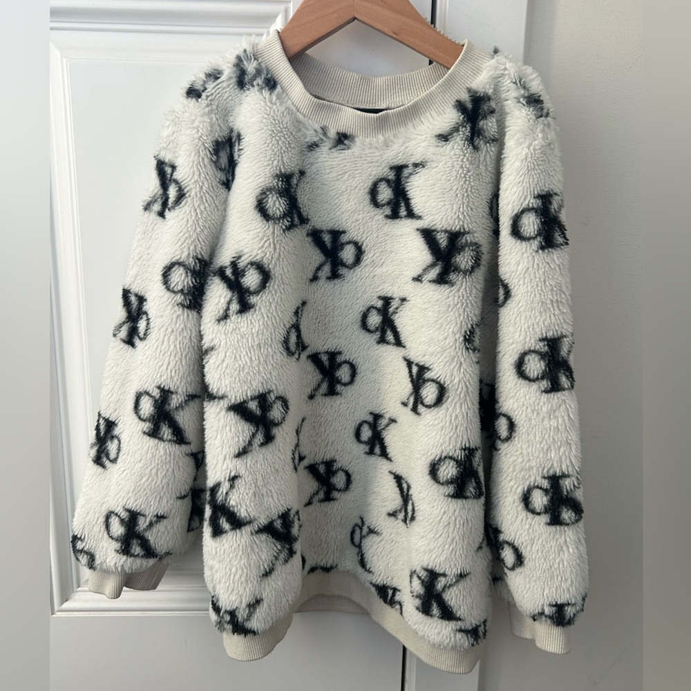 Girl’s Calvin Klein Cream Sherpa Crewneck Sweater with Black Logo